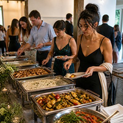 Catered buffet with grilled chicken, rice and roasted vegetables at a party venue