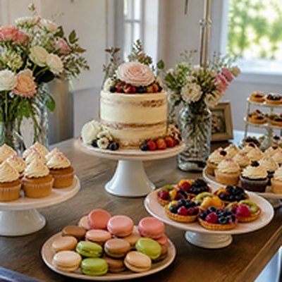 Dessert table with tiered cake, cupcakes, macarons and fruit tarts