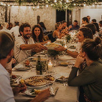 Family-style dinner with shared platters at a long table under string lights